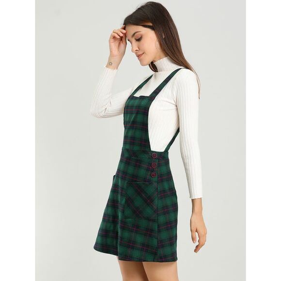 Plaid Tartan Button Decor A-Line Pinafore Overall Dress Green - Picture 4 of 6